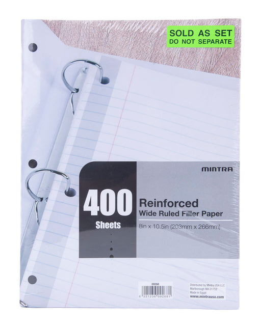 Reinforced Filler Paper, Wide Ruled, 3 Hole Punched, 10.5 x 8, 100 Sheets