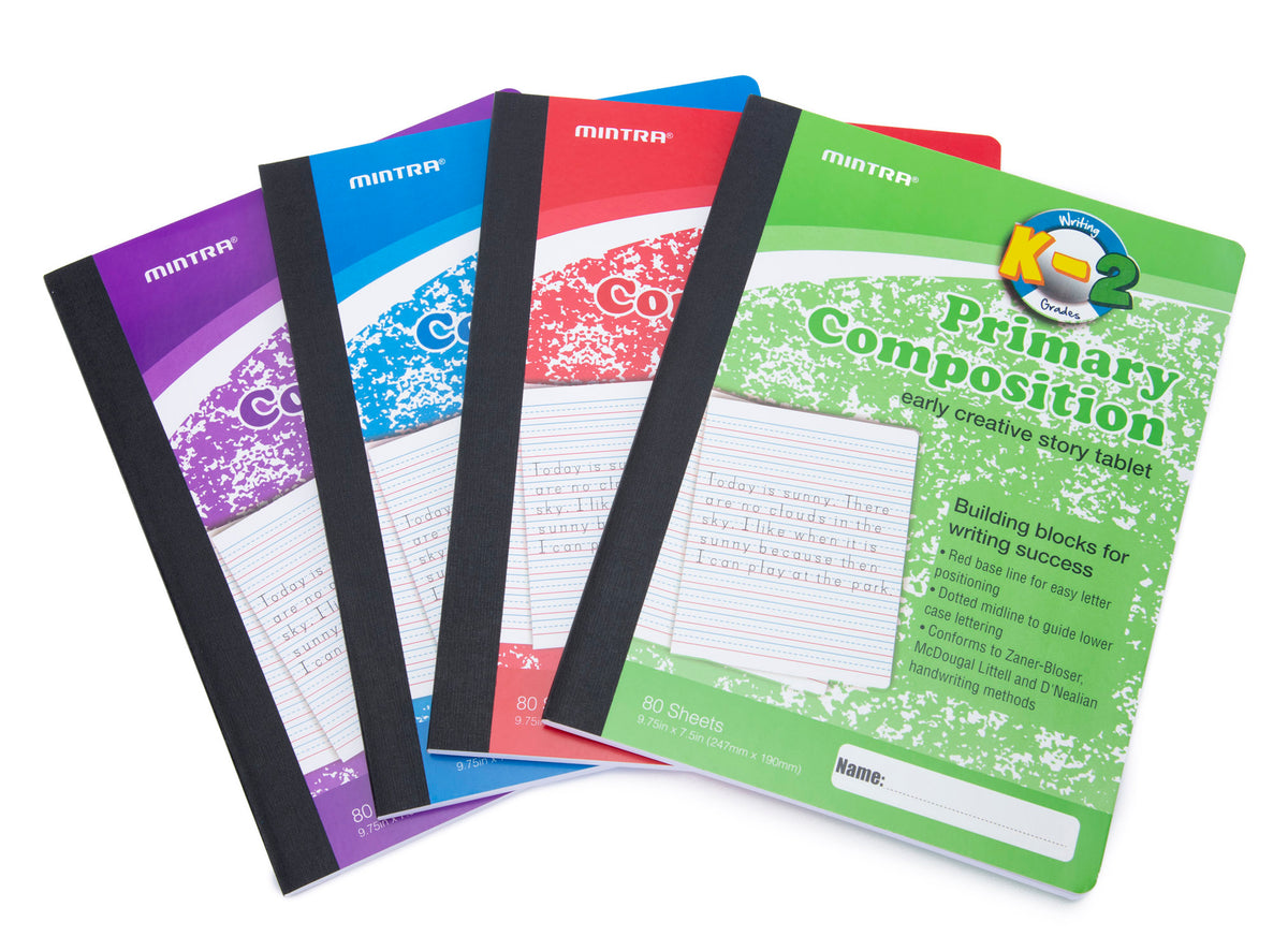 Mintra | Primary Composition Notebook 4pk - Full Page - Assorted - Flexible Hardcover (09271)