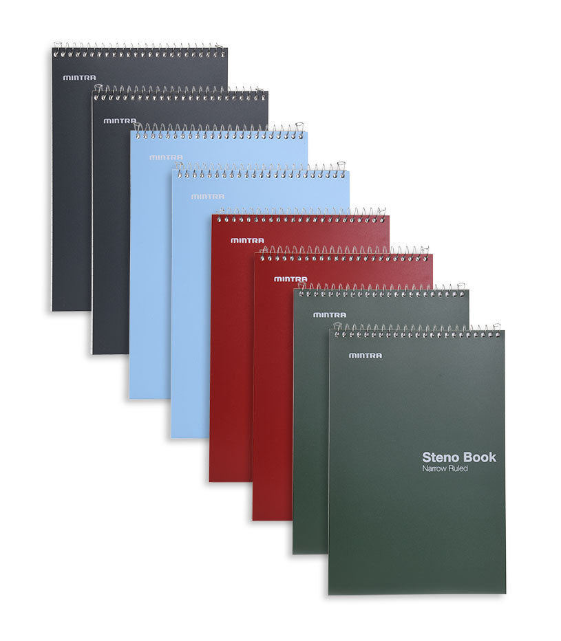Mintra Office Steno Books - Arctic Ice, Chili Oil, Green Olive, Charcoal 100 sheets (8 Pack) - Mintra USA top spiral notebook 6x9/top bound spiral notebook 6x9/best spiral notebooks for note taking